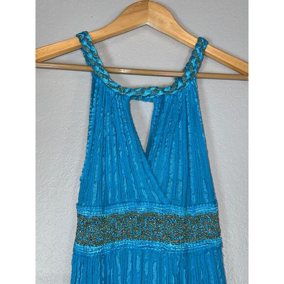 Vintage Y2K Halter Going Out Dress Women XS Empire Waist Aqua Mermaid Shimmer - Picture 4 of 6